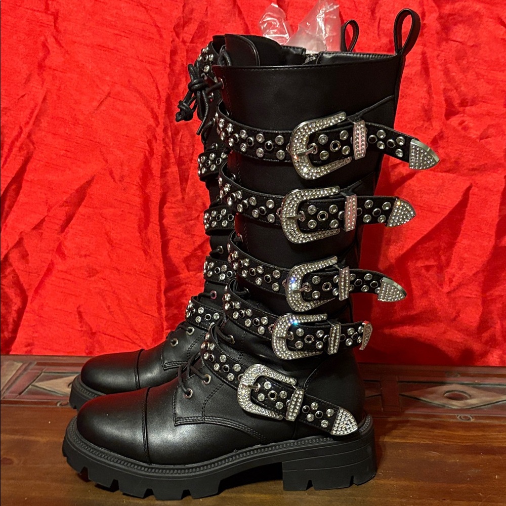 Glam Rock Black Studded Buckle Boots
